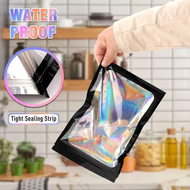 Alt view image 3 of 6 - Holographic Bags 100PCS Mylar Bags, Smell Proof Bag Goodie Baggies | 2.4x3.9in goodie bags clear packaging bags candy gifts bags party favors earring jewelry bags seal tea snack size bags|Black