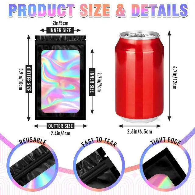 Alt view image 6 of 6 - Holographic Bags 100PCS Mylar Bags, Smell Proof Bag Goodie Baggies | 2.4x3.9in goodie bags clear packaging bags candy gifts bags party favors earring jewelry bags seal tea snack size bags|Black