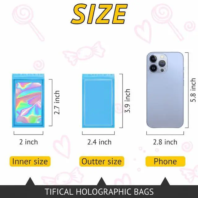 Alt view image 2 of 6 - 100PCS Resealable Holographic Bags, Jewelry Bags|Blue,2.4x3.9in | Small gift bags, mylar bags for jewelry, lip gloss, eyelashes, candy, party favors, samples and little package bags