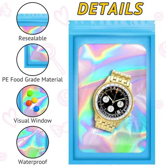Alt view image 3 of 6 - 100PCS Resealable Holographic Bags, Jewelry Bags|Blue,2.4x3.9in | Small gift bags, mylar bags for jewelry, lip gloss, eyelashes, candy, party favors, samples and little package bags