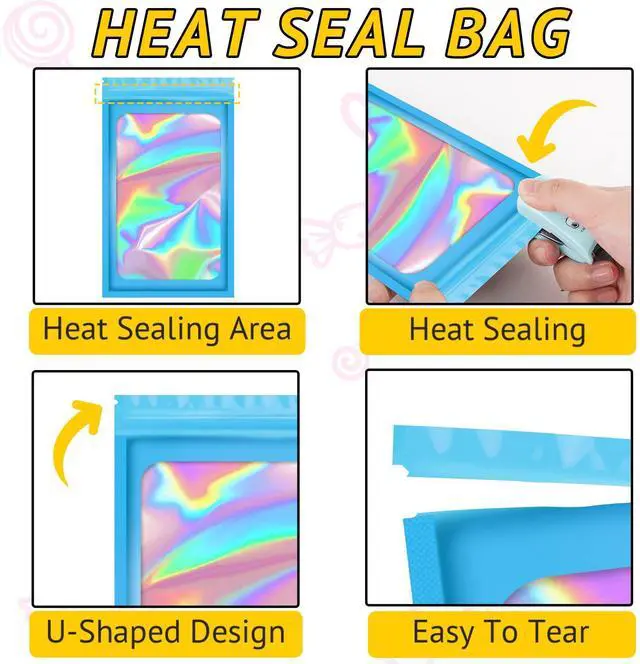 Alt view image 4 of 6 - 100PCS Resealable Holographic Bags, Jewelry Bags|Blue,2.4x3.9in | Small gift bags, mylar bags for jewelry, lip gloss, eyelashes, candy, party favors, samples and little package bags