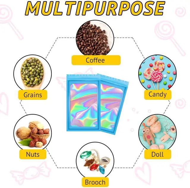 Alt view image 6 of 6 - 100PCS Resealable Holographic Bags, Jewelry Bags|Blue,2.4x3.9in | Small gift bags, mylar bags for jewelry, lip gloss, eyelashes, candy, party favors, samples and little package bags