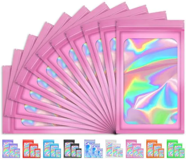 Main image of 100PCS Resealable Holographic Bags, Jewelry Bags|Pink,3x5in | Gift bags, mylar bags for jewelry, lip gloss, eyelashes, candy, party favors, samples, package bags and little bags