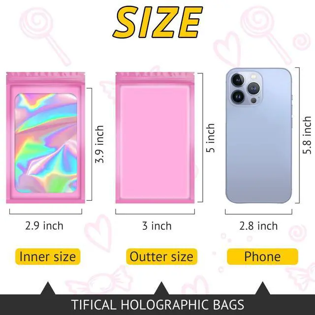 Alt view image 2 of 6 - 100PCS Resealable Holographic Bags, Jewelry Bags|Pink,3x5in | Gift bags, mylar bags for jewelry, lip gloss, eyelashes, candy, party favors, samples, package bags and little bags