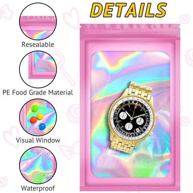 Alt view image 3 of 6 - 100PCS Resealable Holographic Bags, Jewelry Bags|Pink,3x5in | Gift bags, mylar bags for jewelry, lip gloss, eyelashes, candy, party favors, samples, package bags and little bags