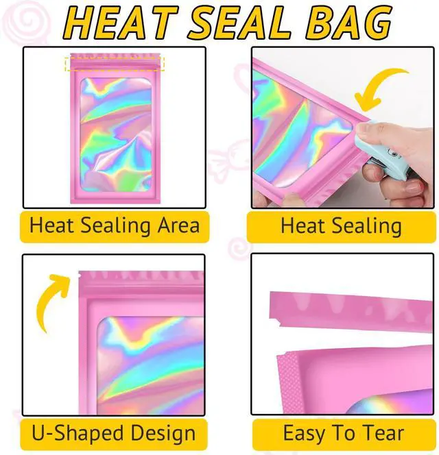 Alt view image 4 of 6 - 100PCS Resealable Holographic Bags, Jewelry Bags|Pink,3x5in | Gift bags, mylar bags for jewelry, lip gloss, eyelashes, candy, party favors, samples, package bags and little bags