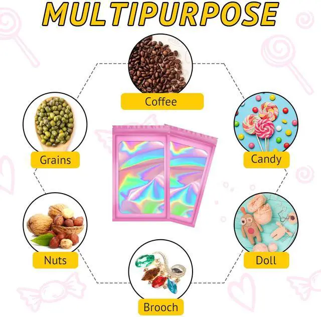 Alt view image 6 of 6 - 100PCS Resealable Holographic Bags, Jewelry Bags|Pink,3x5in | Gift bags, mylar bags for jewelry, lip gloss, eyelashes, candy, party favors, samples, package bags and little bags