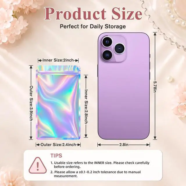 Alt view image 3 of 7 - 100 Pcs Resealable Clear Holographic Bags,Smell Proof,2.4x3.9in | Packaging Baggies,Mylar Food Storage Bag,Zipper Sealing Bag for Coffee Bean,Cookies,Jewelry Sample Small Business,Holographic