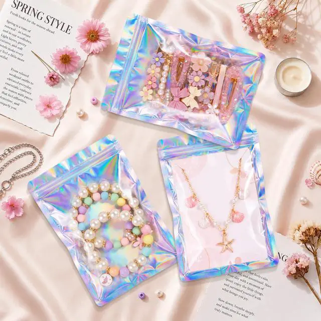 Alt view image 2 of 7 - 100 Pcs Resealable Clear Holographic Bags,Smell Proof,2.4x3.9in | Packaging Baggies,Mylar Food Storage Bag,Zipper Sealing Bag for Coffee Bean,Cookies,Jewelry Sample Small Business,Holographic