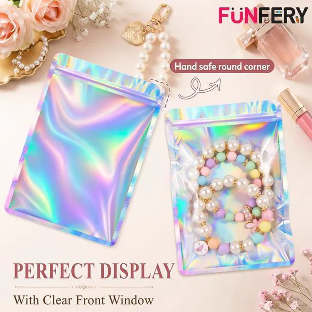 Alt view image 5 of 7 - 100 Pcs Resealable Clear Holographic Bags,Smell Proof,2.4x3.9in | Packaging Baggies,Mylar Food Storage Bag,Zipper Sealing Bag for Coffee Bean,Cookies,Jewelry Sample Small Business,Holographic