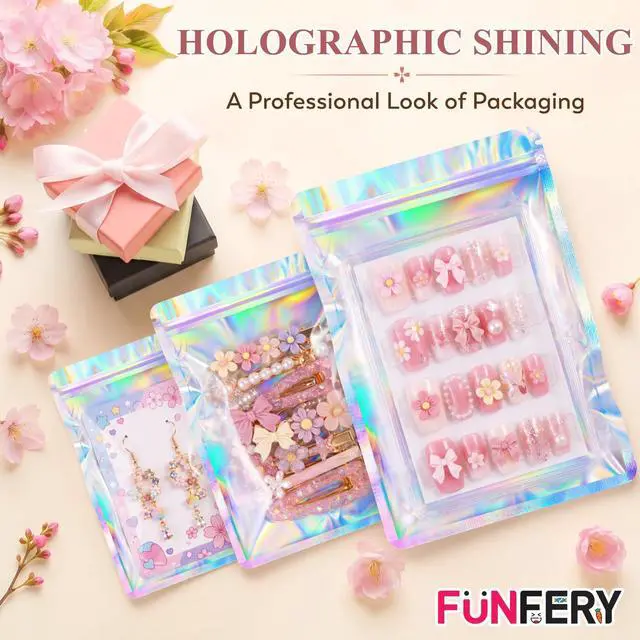 Alt view image 7 of 7 - 100 Pcs Resealable Clear Holographic Bags,Smell Proof,2.4x3.9in | Packaging Baggies,Mylar Food Storage Bag,Zipper Sealing Bag for Coffee Bean,Cookies,Jewelry Sample Small Business,Holographic