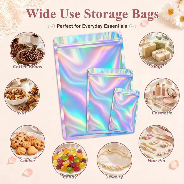Alt view image 4 of 7 - 100 Pcs Resealable Clear Holographic Bags,Smell Proof,2.4x3.9in | Packaging Baggies,Mylar Food Storage Bag,Zipper Sealing Bag for Coffee Bean,Cookies,Jewelry Sample Small Business,Holographic
