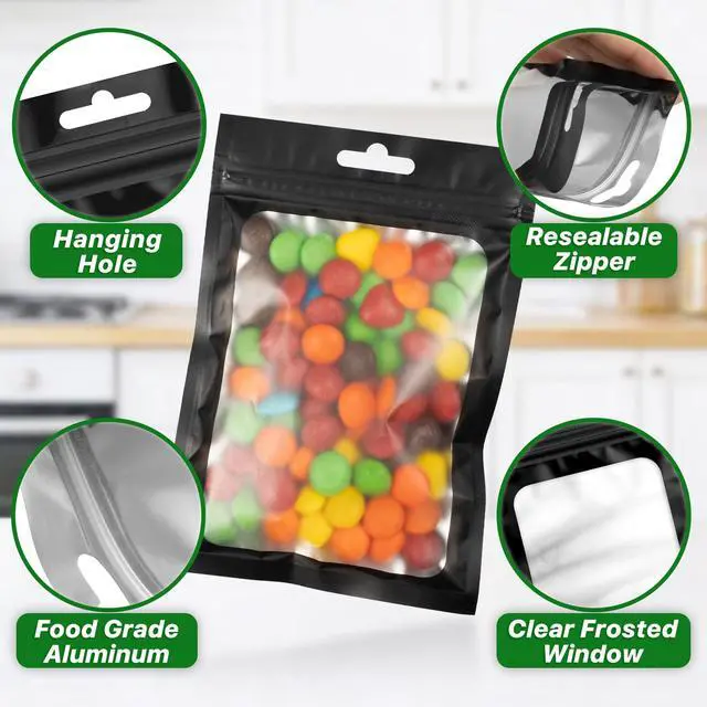 Alt view image 6 of 7 - 100Pcs Black Mylar Bags, Resealable Smell Proof Small Zip Goodie Bag | 2.75x3.93", Frosted Window, Plastic Packaging Bag for Small Business Candy Jewelry Treat Party Favor, Sealable Gift Baggies