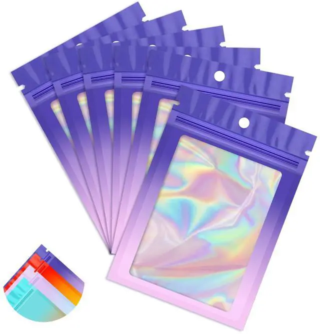 Main image of 100 Pack Gradient Holographic Bags,Mylar Resealable Bag with Zipper,Clear Window Packaging Pouch,Smell Proof Foil Bags for Food Storage,Sample Jewelry Baggies(2.7×3.9in,Purple Pink)