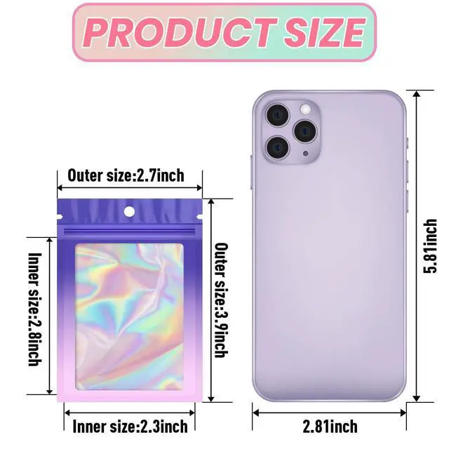 Alt view image 2 of 7 - 100 Pack Gradient Holographic Bags,Mylar Resealable Bag with Zipper,Clear Window Packaging Pouch,Smell Proof Foil Bags for Food Storage,Sample Jewelry Baggies(2.7×3.9in,Purple Pink)