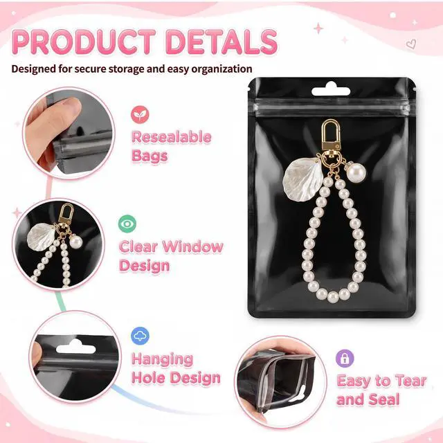 Alt view image 6 of 7 - 100pcs Resealable Bag,Mylar Cute-Zip Bag with Clear Front 2.4x3.9in | Reusable Odor Proof Packaging Bags,Black Small Pouches for Jewelry,Beads,Candy,Snack,Sample,Sticker,Gift and Small Business