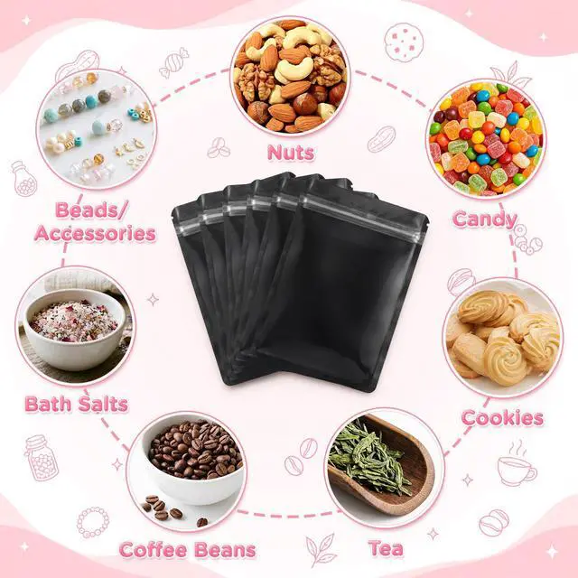 Alt view image 7 of 7 - 100pcs Resealable Bag,Mylar Cute-Zip Bag with Clear Front 2.4x3.9in | Reusable Odor Proof Packaging Bags,Black Small Pouches for Jewelry,Beads,Candy,Snack,Sample,Sticker,Gift and Small Business