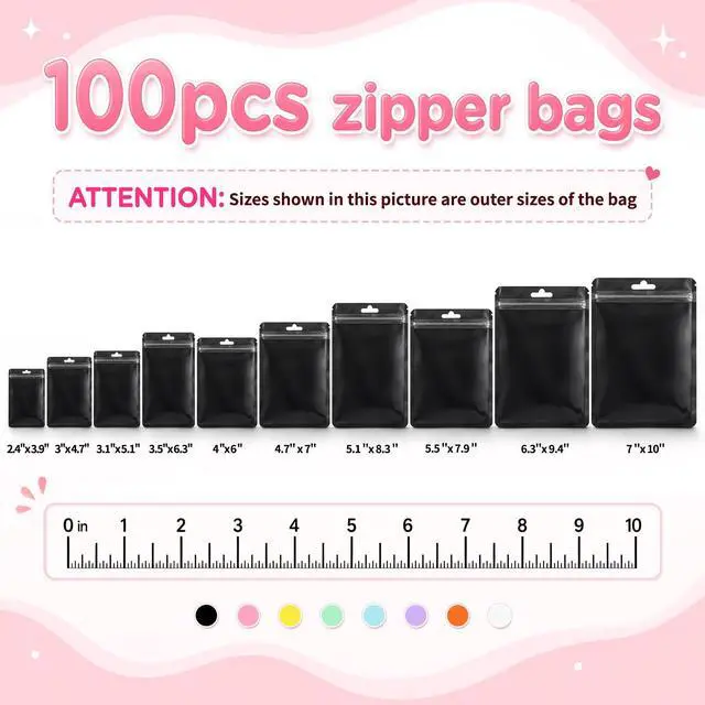 Alt view image 5 of 7 - 100pcs Resealable Bag,Mylar Cute-Zip Bag with Clear Front 2.4x3.9in | Reusable Odor Proof Packaging Bags,Black Small Pouches for Jewelry,Beads,Candy,Snack,Sample,Sticker,Gift and Small Business