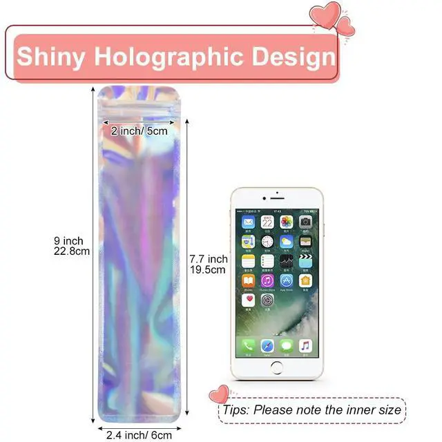 Alt view image 2 of 7 - 100pcs Holographic Bags Packaging 2.4x9 inch, Resealable Foil Zip Pouch Smell Proof Baggies for Eyeliner Pens, Jewelry, Candy, Pretzel Rods