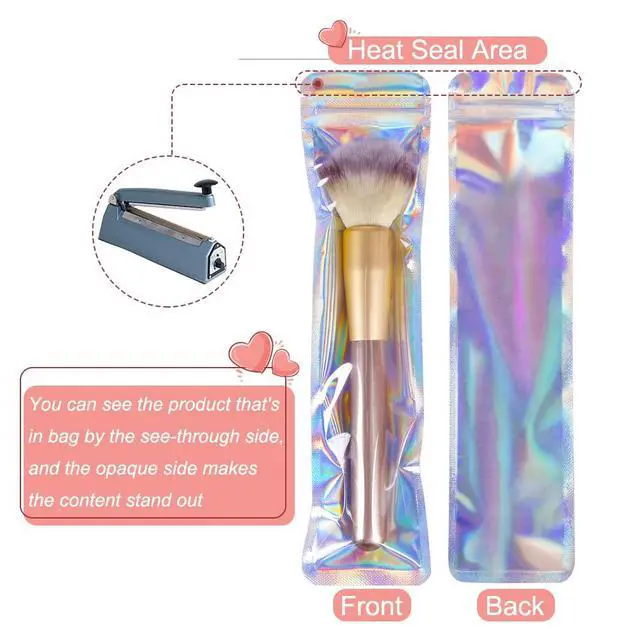 Alt view image 3 of 7 - 100pcs Holographic Bags Packaging 2.4x9 inch, Resealable Foil Zip Pouch Smell Proof Baggies for Eyeliner Pens, Jewelry, Candy, Pretzel Rods