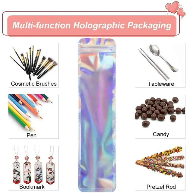 Alt view image 5 of 7 - 100pcs Holographic Bags Packaging 2.4x9 inch, Resealable Foil Zip Pouch Smell Proof Baggies for Eyeliner Pens, Jewelry, Candy, Pretzel Rods