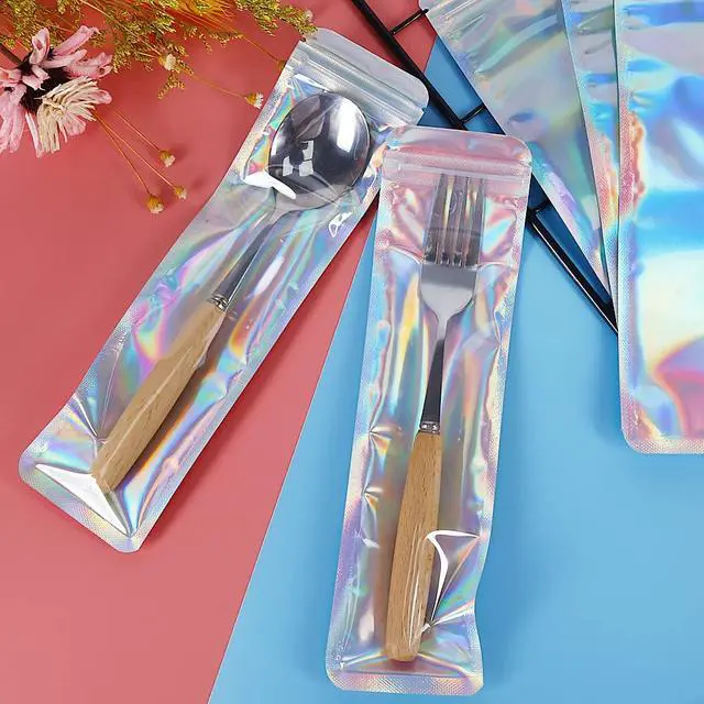 Alt view image 7 of 7 - 100pcs Holographic Bags Packaging 2.4x9 inch, Resealable Foil Zip Pouch Smell Proof Baggies for Eyeliner Pens, Jewelry, Candy, Pretzel Rods