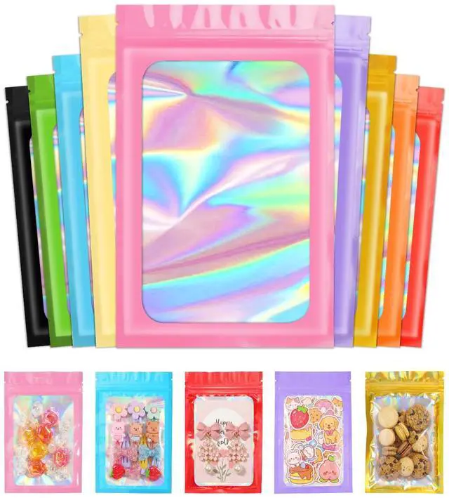Main image of 100 PCS 10 Mixed Color Mylar Holographic Bags,Smell Proof Resealable Bags,Clear Foil Zipper Bag for Food Storage,Small Packaging Baggies for Samples,Candy,Jewelry,Small Business-3x4.7 in