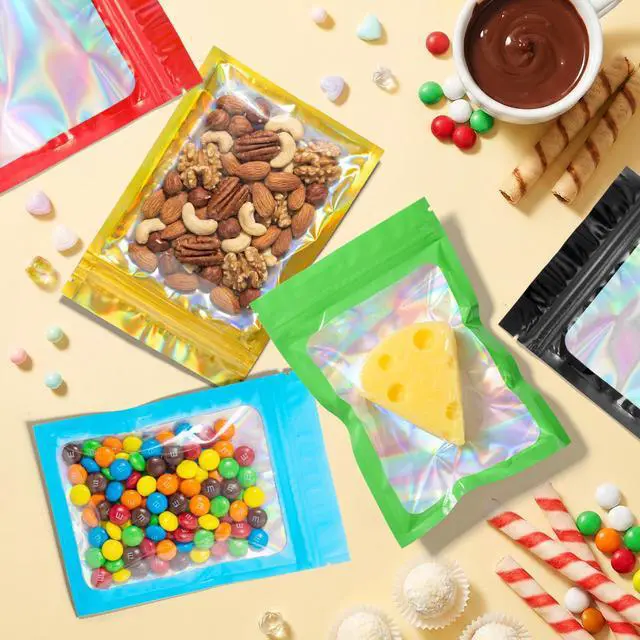 Alt view image 2 of 7 - 100 PCS 10 Mixed Color Mylar Holographic Bags,Smell Proof Resealable Bags,Clear Foil Zipper Bag for Food Storage,Small Packaging Baggies for Samples,Candy,Jewelry,Small Business-3x4.7 in