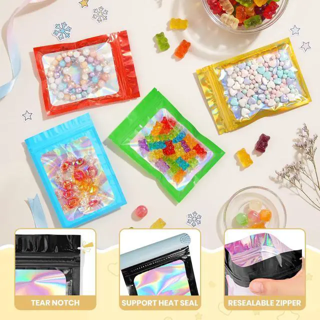 Alt view image 3 of 7 - 100 PCS 10 Mixed Color Mylar Holographic Bags,Smell Proof Resealable Bags,Clear Foil Zipper Bag for Food Storage,Small Packaging Baggies for Samples,Candy,Jewelry,Small Business-3x4.7 in