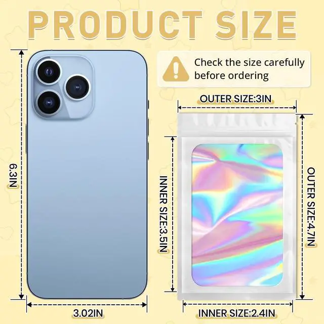 Alt view image 7 of 7 - 100 PCS 10 Mixed Color Mylar Holographic Bags,Smell Proof Resealable Bags,Clear Foil Zipper Bag for Food Storage,Small Packaging Baggies for Samples,Candy,Jewelry,Small Business-3x4.7 in