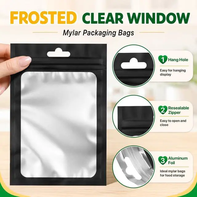 Alt view image 4 of 7 - 100PCS Mylar Bags Resealable Black Small Smell Proof Bags 2.75x3.93 | Sealable Packaging Bags Frosted Clear Window, Plastic Foil Zip Pouch Bags for Small Business Candy Treat Jewelry Food Storage