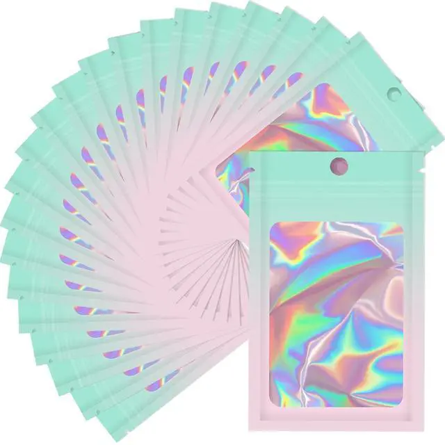 Main image of Mylar Holographic Bags 3x4.7 Inch,100 PCS Small Clear Zipper Resealable Smell Proof Baggies,Green-Pink Plastic Packaging Bag for Candy,Food Storage,Jewelry,Small Business