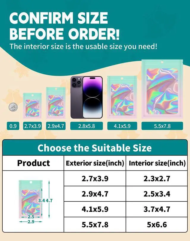 Alt view image 2 of 7 - Mylar Holographic Bags 3x4.7 Inch,100 PCS Small Clear Zipper Resealable Smell Proof Baggies,Green-Pink Plastic Packaging Bag for Candy,Food Storage,Jewelry,Small Business