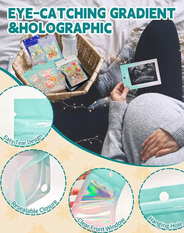 Alt view image 5 of 7 - Mylar Holographic Bags 3x4.7 Inch,100 PCS Small Clear Zipper Resealable Smell Proof Baggies,Green-Pink Plastic Packaging Bag for Candy,Food Storage,Jewelry,Small Business