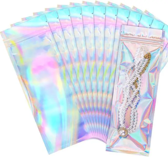 Main image of 100 Pack Holographic Mylar Bags with Window, 3x9in Resealable Pouches | for Lip Gloss, Jewelry, Lash Candy, Small Business Packaging Supplies, Rainbow Finish, Secure Closure, Favors
