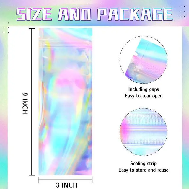 Alt view image 3 of 6 - 100 Pack Holographic Mylar Bags with Window, 3x9in Resealable Pouches | for Lip Gloss, Jewelry, Lash Candy, Small Business Packaging Supplies, Rainbow Finish, Secure Closure, Favors