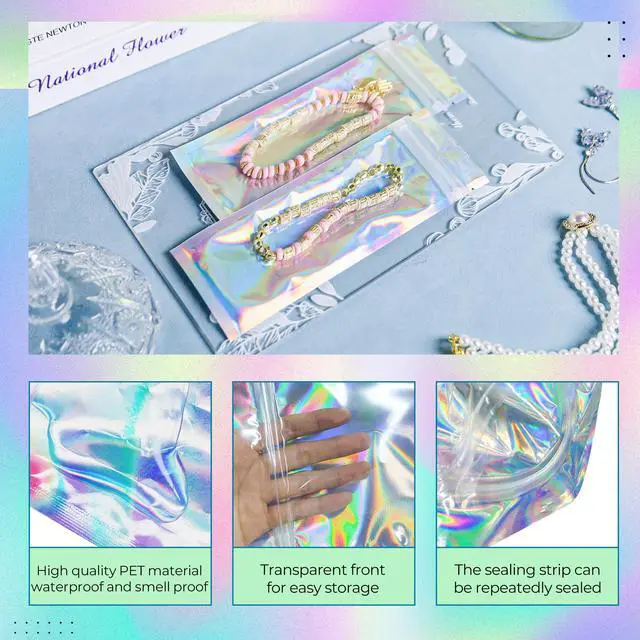 Alt view image 4 of 6 - 100 Pack Holographic Mylar Bags with Window, 3x9in Resealable Pouches | for Lip Gloss, Jewelry, Lash Candy, Small Business Packaging Supplies, Rainbow Finish, Secure Closure, Favors