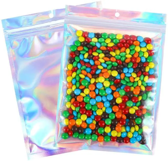Main image of 100PCS Holographic Mylar Bags(2.4 * 3.9inch), Smell Proof Resealable Bags with Clear Window, Party Favor Bag Great for Candy, Samples