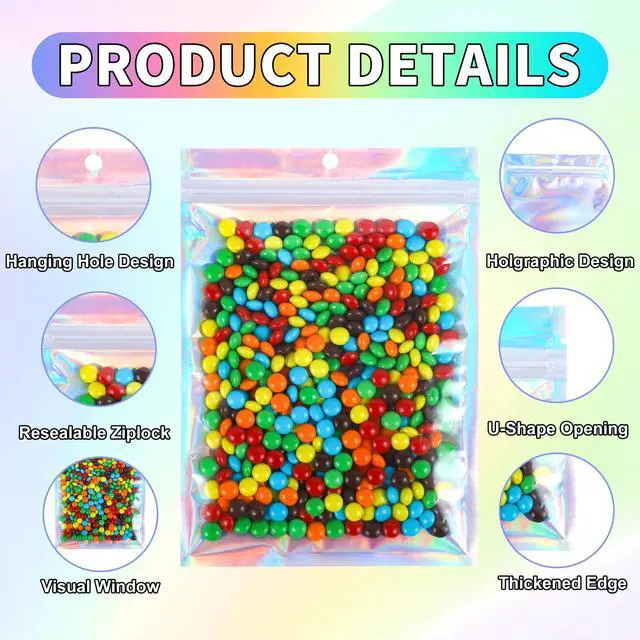Alt view image 3 of 7 - 100PCS Holographic Mylar Bags(2.4 * 3.9inch), Smell Proof Resealable Bags with Clear Window, Party Favor Bag Great for Candy, Samples