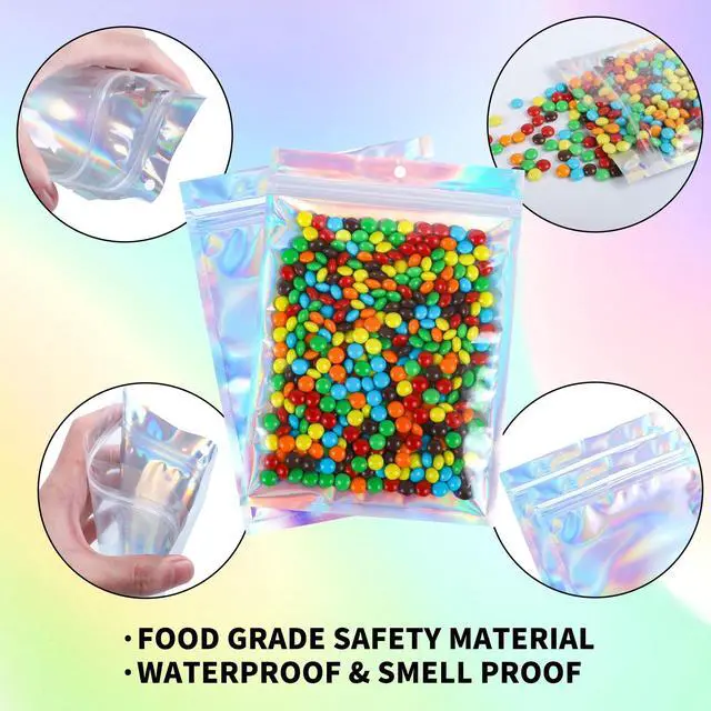 Alt view image 5 of 7 - 100PCS Holographic Mylar Bags(2.4 * 3.9inch), Smell Proof Resealable Bags with Clear Window, Party Favor Bag Great for Candy, Samples