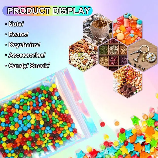 Alt view image 4 of 7 - 100PCS Holographic Mylar Bags(2.4 * 3.9inch), Smell Proof Resealable Bags with Clear Window, Party Favor Bag Great for Candy, Samples