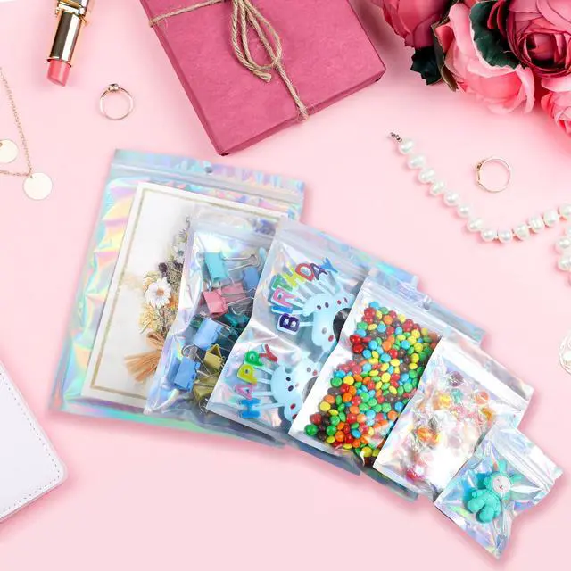 Alt view image 7 of 7 - 100PCS Holographic Mylar Bags(2.4 * 3.9inch), Smell Proof Resealable Bags with Clear Window, Party Favor Bag Great for Candy, Samples