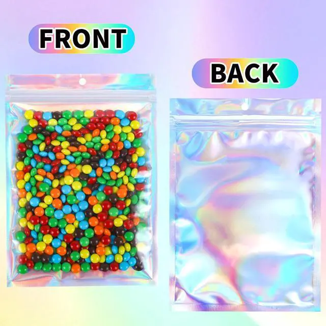 Alt view image 6 of 7 - 100PCS Holographic Mylar Bags(2.4 * 3.9inch), Smell Proof Resealable Bags with Clear Window, Party Favor Bag Great for Candy, Samples