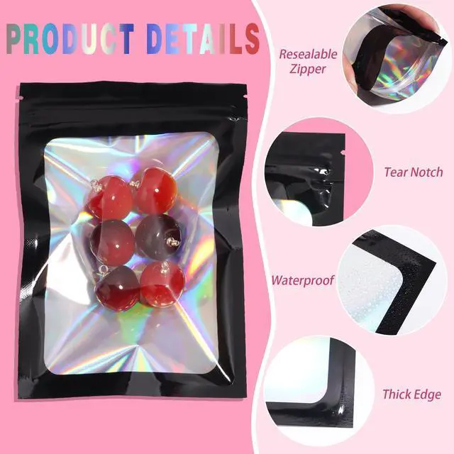 Alt view image 3 of 6 - 100 Pcs Holographic Mylar Bags,2.8x3.9 Black Resealable Bags with Clear Front Window for Food Storage Gift Jewelry Candy Small Business Packaging