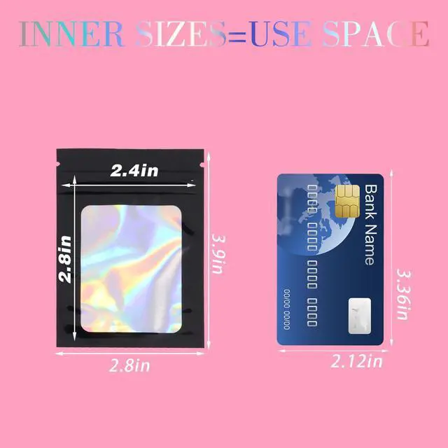 Alt view image 2 of 6 - 100 Pcs Holographic Mylar Bags,2.8x3.9 Black Resealable Bags with Clear Front Window for Food Storage Gift Jewelry Candy Small Business Packaging