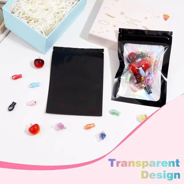Alt view image 4 of 6 - 100 Pcs Holographic Mylar Bags,2.8x3.9 Black Resealable Bags with Clear Front Window for Food Storage Gift Jewelry Candy Small Business Packaging