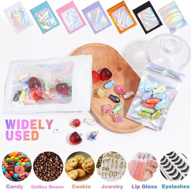 Alt view image 5 of 6 - 100 Pcs Holographic Mylar Bags,2.8x3.9 Black Resealable Bags with Clear Front Window for Food Storage Gift Jewelry Candy Small Business Packaging