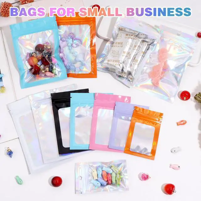 Alt view image 6 of 6 - 100 Pcs Holographic Mylar Bags,2.8x3.9 Black Resealable Bags with Clear Front Window for Food Storage Gift Jewelry Candy Small Business Packaging