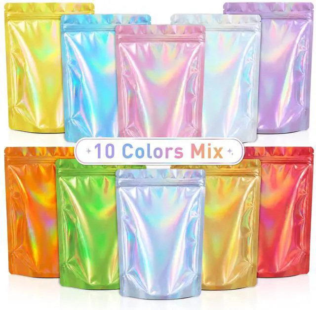 Main image of 100pc Mylar Holographic Bags for Food Storage,Mix Color Standup Bag | 3.5x5.1 Resealable Zipper Pouches,Smell Proof Food Storage Bags for Candy,Coffee,Snack,Cookie,Small Business Packaging