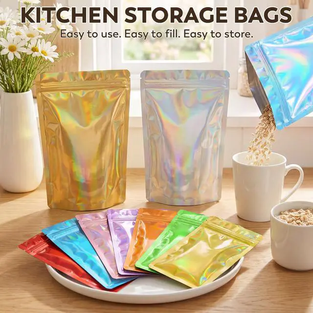 Alt view image 2 of 7 - 100pc Mylar Holographic Bags for Food Storage,Mix Color Standup Bag | 3.5x5.1 Resealable Zipper Pouches,Smell Proof Food Storage Bags for Candy,Coffee,Snack,Cookie,Small Business Packaging